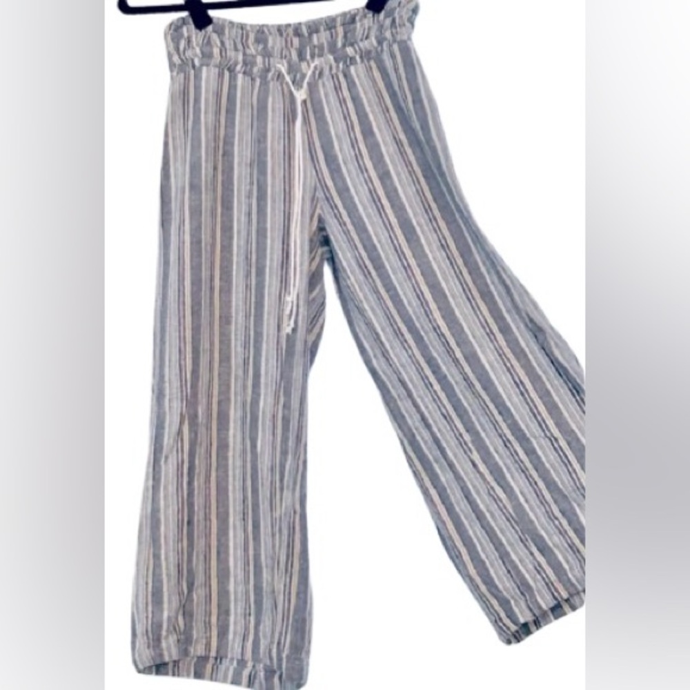 Beach Boho Chic Linen Med Indigo Rein Blue and White Striped Casual Pants Capri